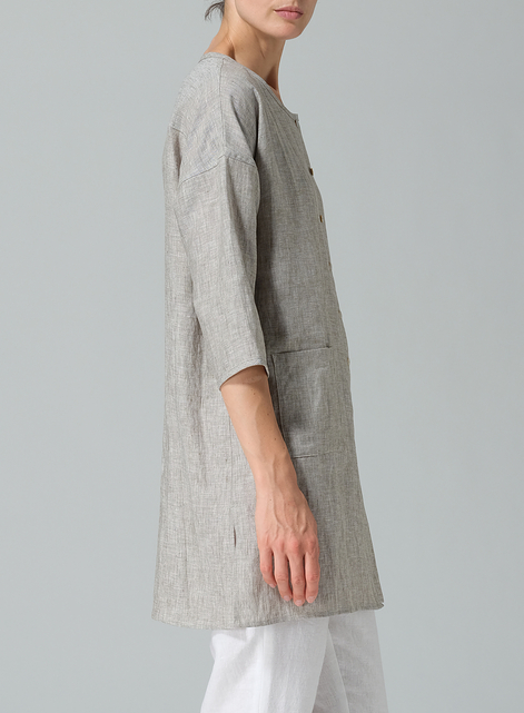 Linen Round Neck Button Front Top