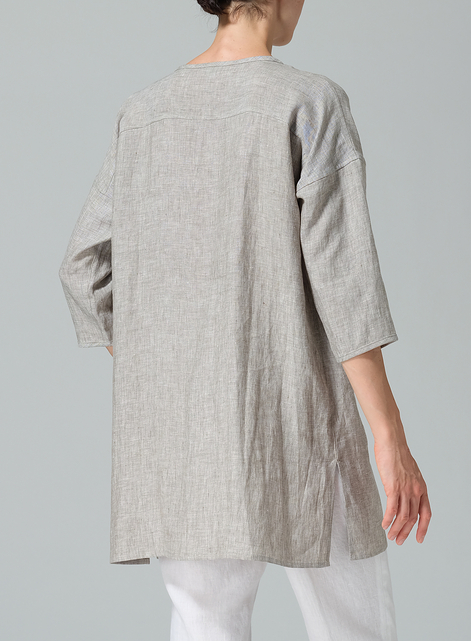 Linen Round Neck Button Front Top