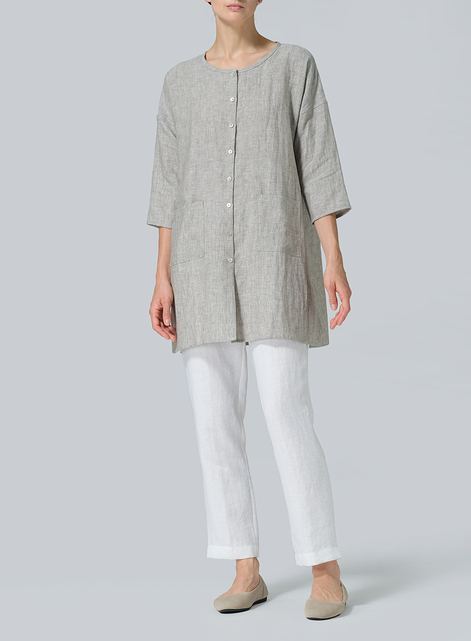 Linen Round Neck Button Front Top