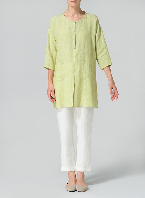 Linen Round Neck Button Front Top