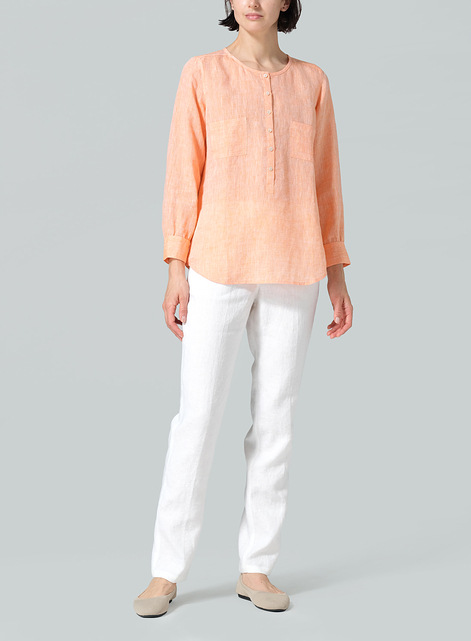 Linen Round Neck Long Sleeve Shirt