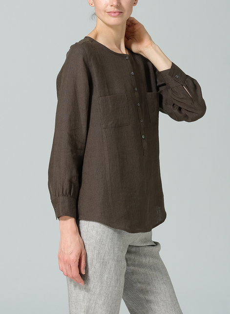 Linen Round Neck Long Sleeve Shirt