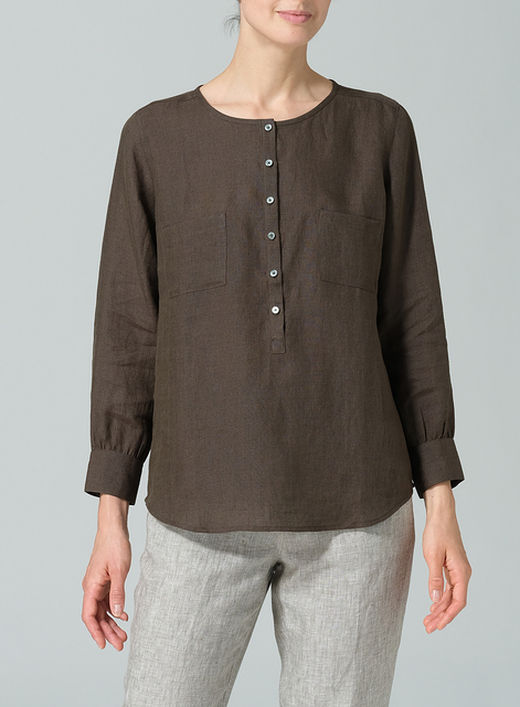 Linen Round Neck Long Sleeve Shirt