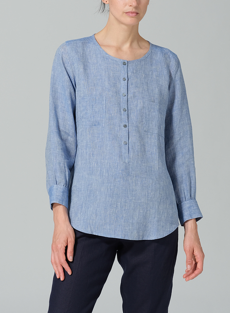 Linen Round Neck Long Sleeve Shirt