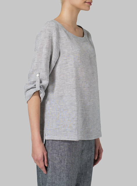 Linen Boat Neck Three-quarter Sleeve Top