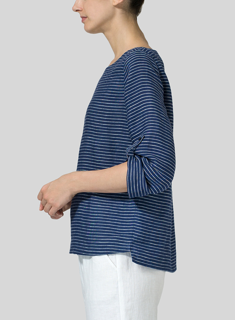 Linen Boat Neck Three-quarter Sleeve Top