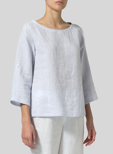 Linen Boat Neck Three-quarter Sleeve Top