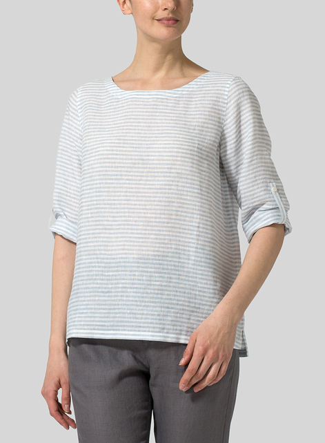 Linen Boat Neck Three-quarter Sleeve Top