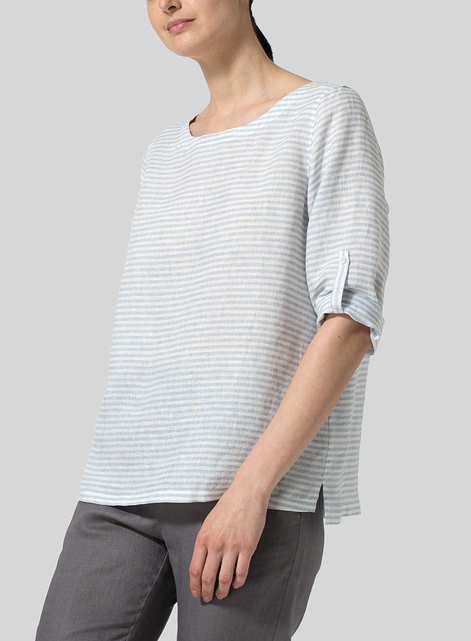 Linen Boat Neck Three-quarter Sleeve Top