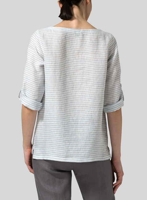 Linen Boat Neck Three-quarter Sleeve Top