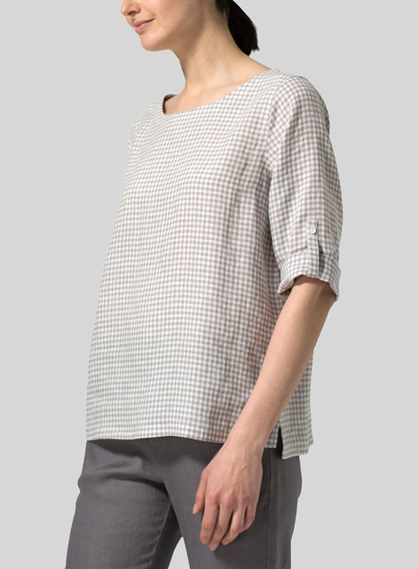 Linen Boat Neck Three-quarter Sleeve Top