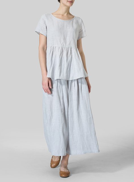 Linen Short Sleeve Pleated Blouse