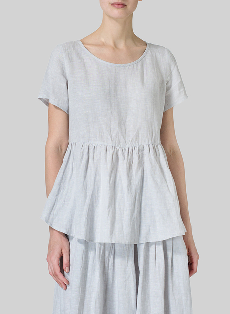 Linen Short Sleeve Pleated Blouse