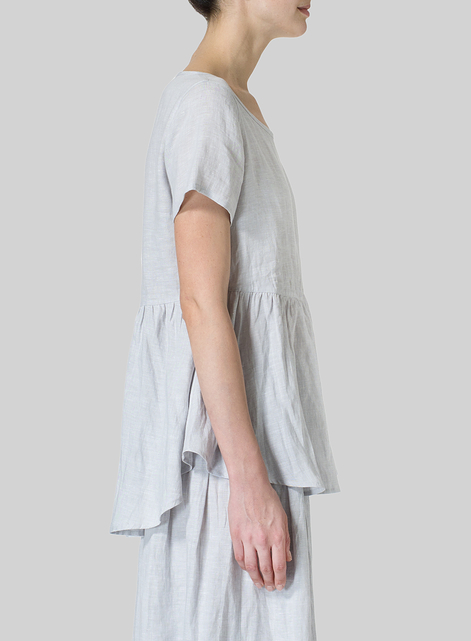 Linen Short Sleeve Pleated Blouse