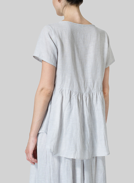 Linen Short Sleeve Pleated Blouse