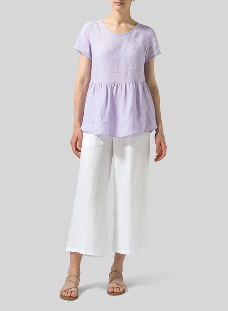 Linen Short Sleeve Pleated Blouse