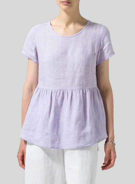 Linen Short Sleeve Pleated Blouse