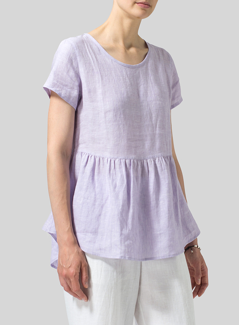 Linen Short Sleeve Pleated Blouse