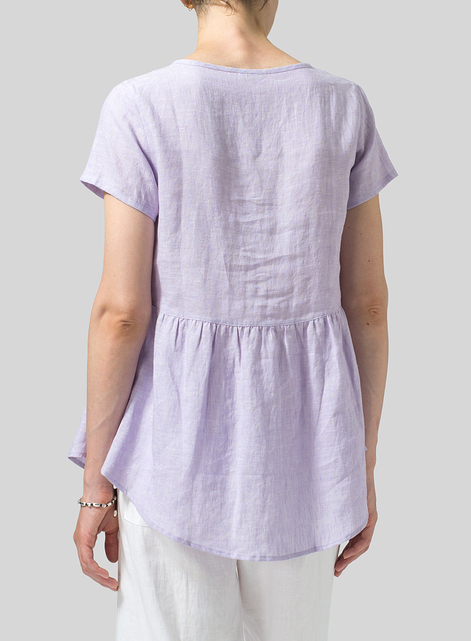 Linen Short Sleeve Pleated Blouse