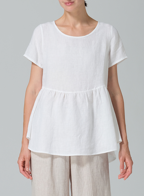 Linen Short Sleeve Pleated Blouse