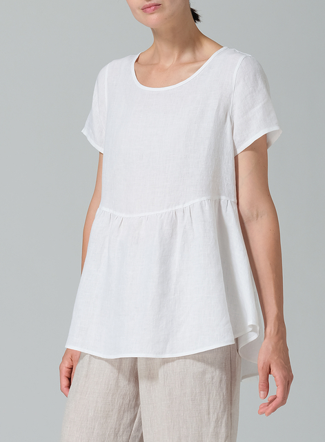 Linen Short Sleeve Pleated Blouse