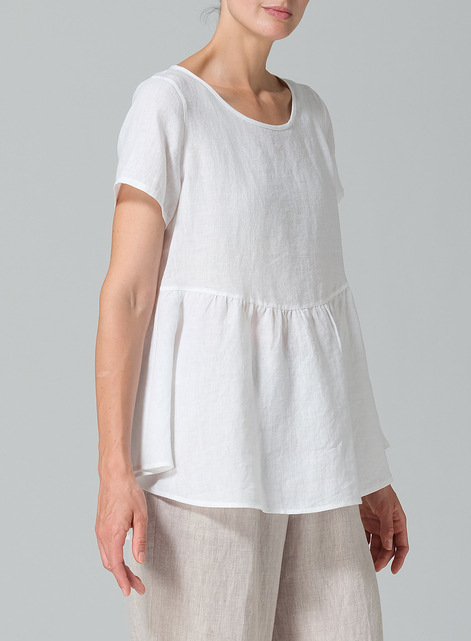 Linen Short Sleeve Pleated Blouse