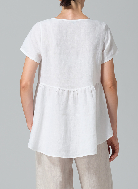 Linen Short Sleeve Pleated Blouse