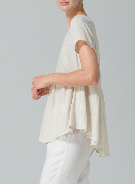 Linen Short Sleeve Pleated Blouse