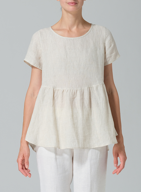 Linen Short Sleeve Pleated Blouse