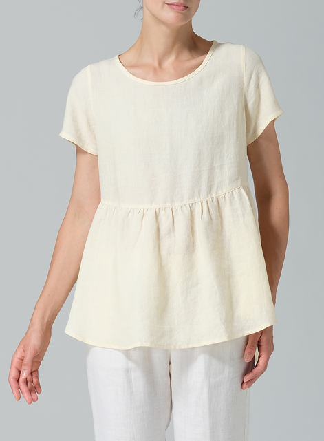 Linen Short Sleeve Pleated Blouse