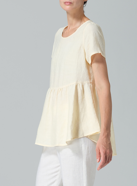 Linen Short Sleeve Pleated Blouse