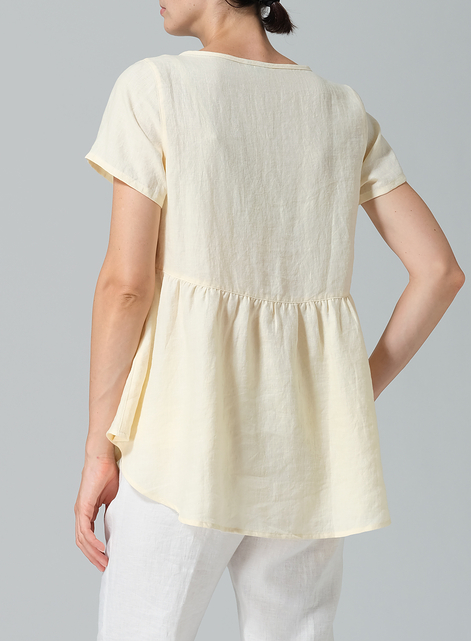 Linen Short Sleeve Pleated Blouse