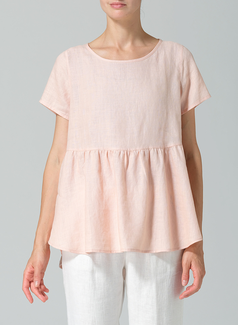 Linen Short Sleeve Pleated Blouse