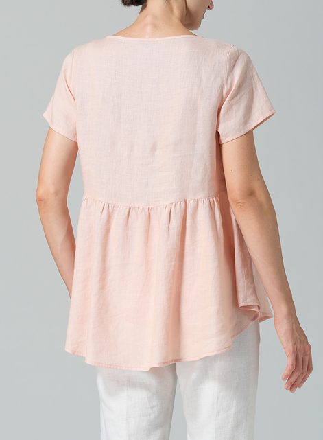 Linen Short Sleeve Pleated Blouse