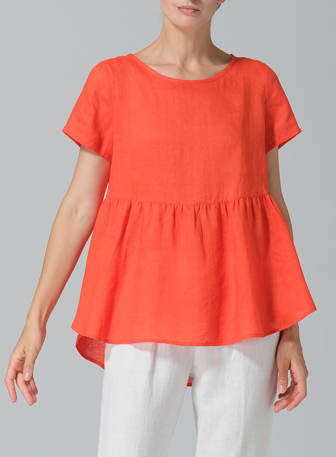 Linen Short Sleeve Pleated Blouse