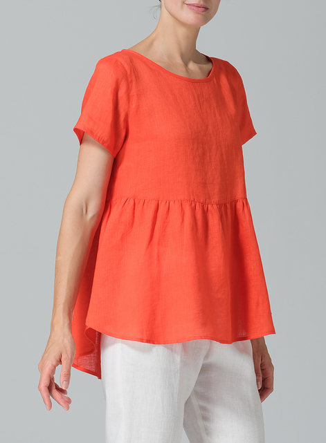 Linen Short Sleeve Pleated Blouse