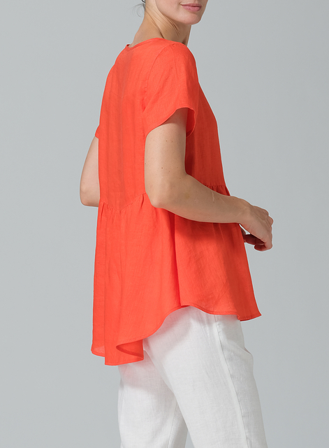 Linen Short Sleeve Pleated Blouse