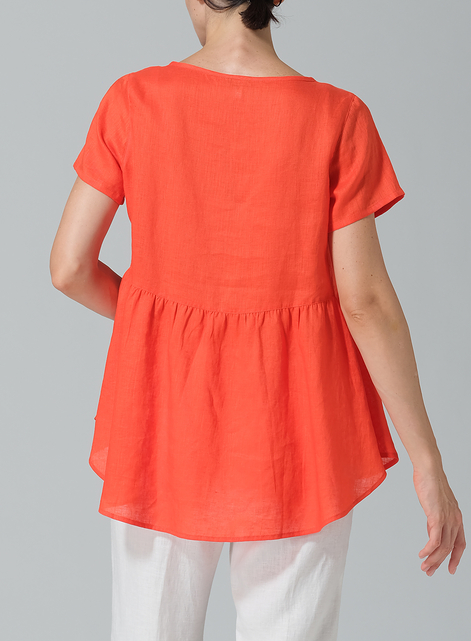 Linen Short Sleeve Pleated Blouse