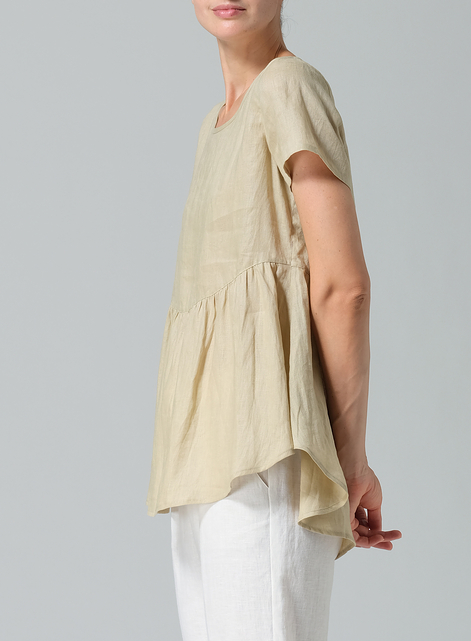 Linen Short Sleeve Pleated Blouse