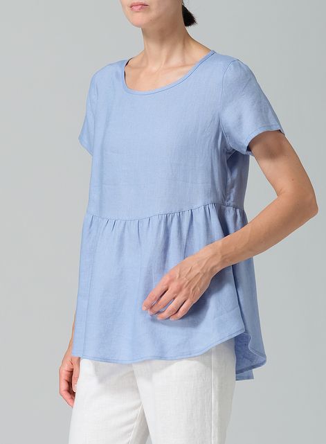 Linen Short Sleeve Pleated Blouse