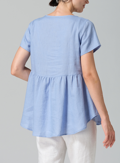 Linen Short Sleeve Pleated Blouse