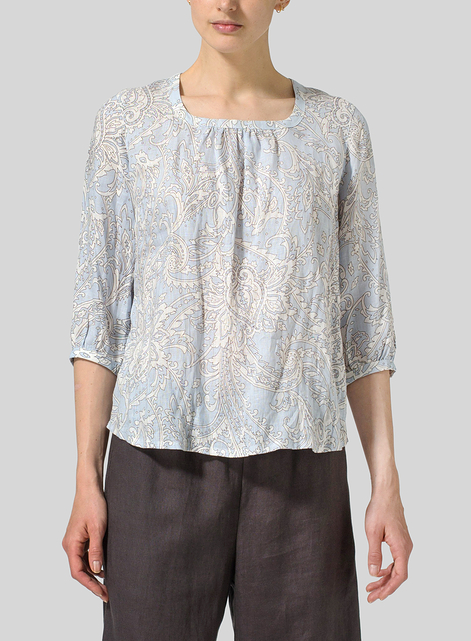 Linen Three-Quarter Bishop-Sleeve Blouse