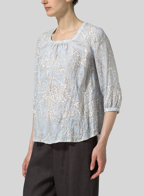 Linen Three-Quarter Bishop-Sleeve Blouse