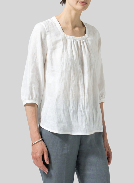 Linen Three-Quarter Bishop-Sleeve Blouse