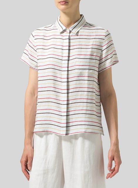 Linen Short Sleeve Mini-point Collar Shirt