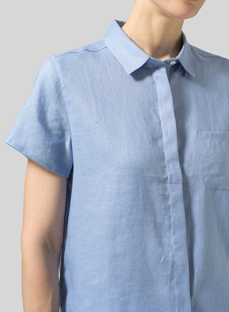 Linen Short Sleeve Mini-point Collar Shirt