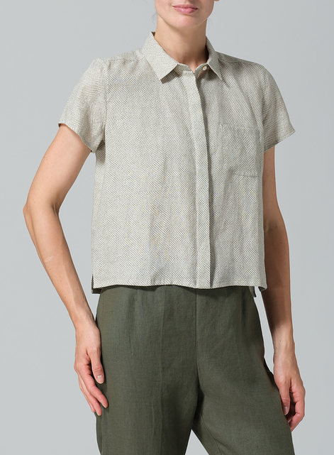 Linen Short Sleeve Mini-point Collar Shirt