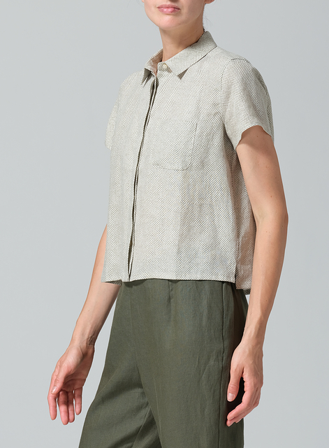 Linen Short Sleeve Mini-point Collar Shirt