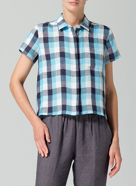 Linen Short Sleeve Mini-point Collar Shirt