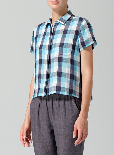 Linen Short Sleeve Mini-point Collar Shirt